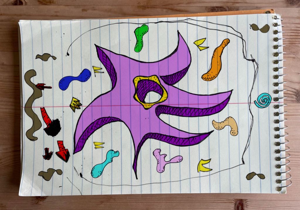 Alt text: A black ink sketch on lined paper with an purple six armed sharp thingy with a central donut hole rimmed with golden trim.  Colorful peanuts and pecans accompany the beast, interspersed with little yellow pennants and brown squiggles.  A light blue swirl floats on the eastern border while a squadron of red marshmallows marches south on the west side.