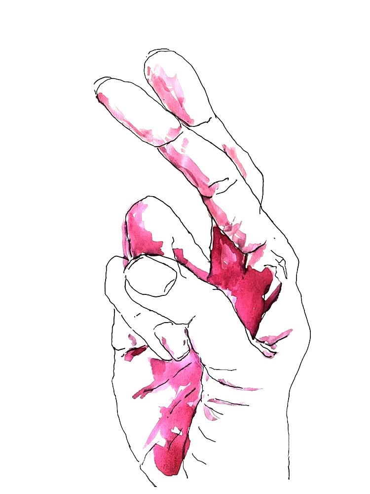 An outline handsketch of a hand shaping the ASL American manual letter “R”, in black ink with a red ink wash on a white background. 