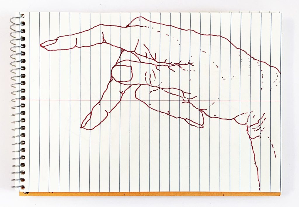 An outline handsketch of a hand shaping the ASL American manual letter “P”, in red ink on a yellow spiral bound steno notebook. 