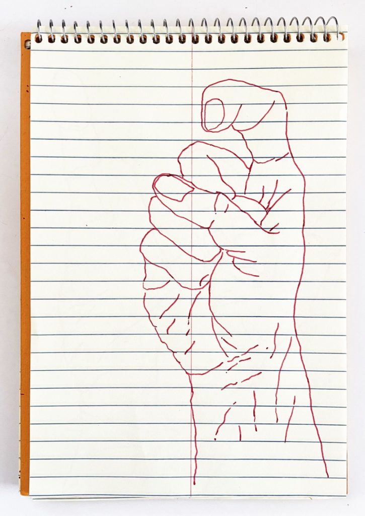 An outline handsketch of a hand shaping the ASL American manual letter “X”, in red ink on a yellow spiral bound steno notebook. 