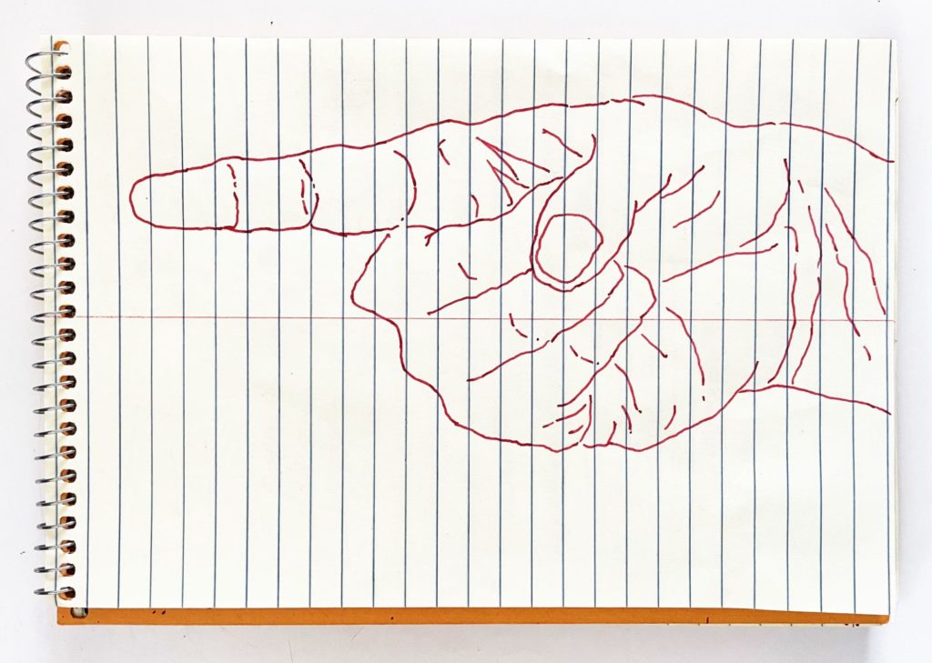 An outline handsketch of a hand shaping the ASL American manual letter “Z”, in red ink on a yellow spiral bound steno notebook. 