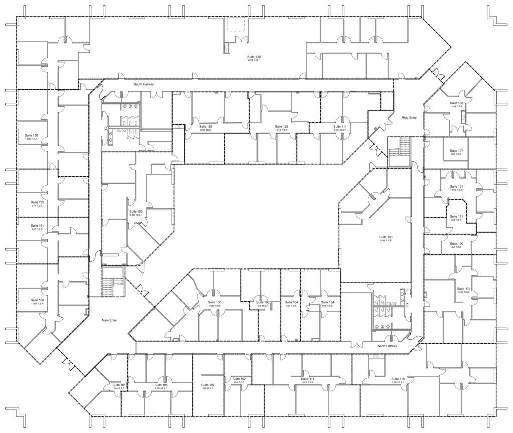 First Floor Plan of a rectangular office building with an atrium.