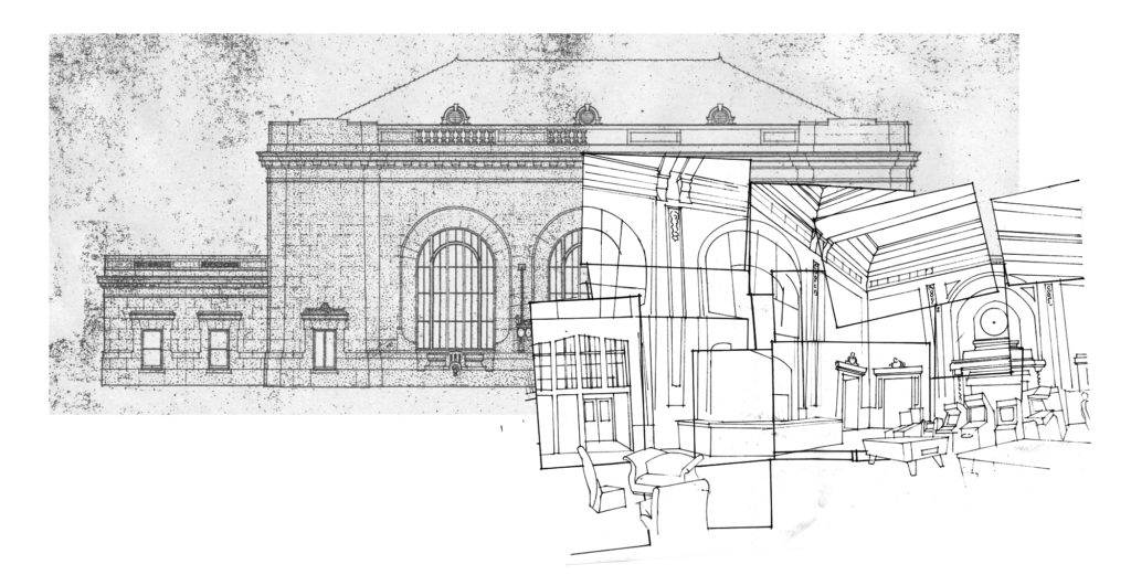 elevation drawing mixed with a pencil trace of interior photographs pencil on bond printout