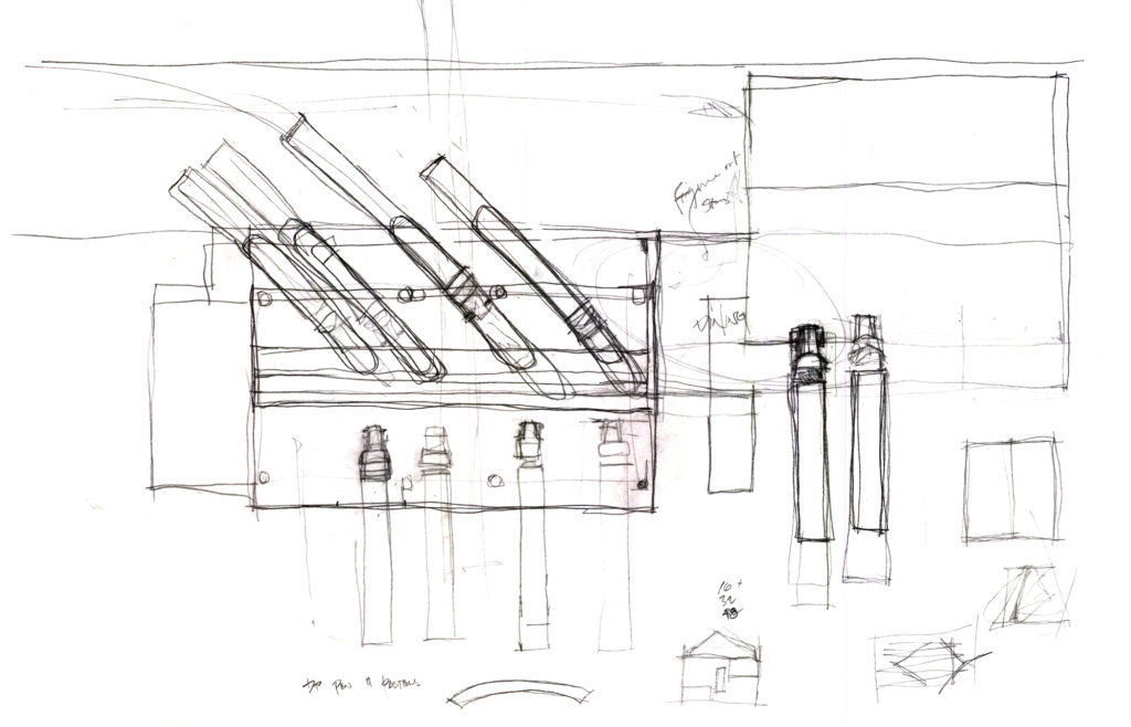 plan drawing of a train station with trucks in it, pencil on trace paper