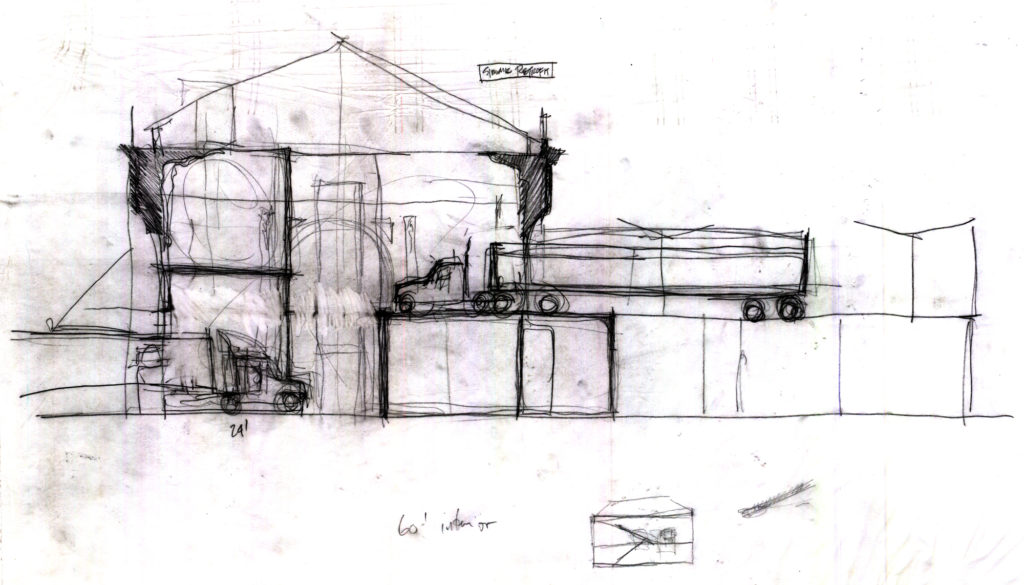 section drawing of a train station with trucks in it, pencil on trace paper