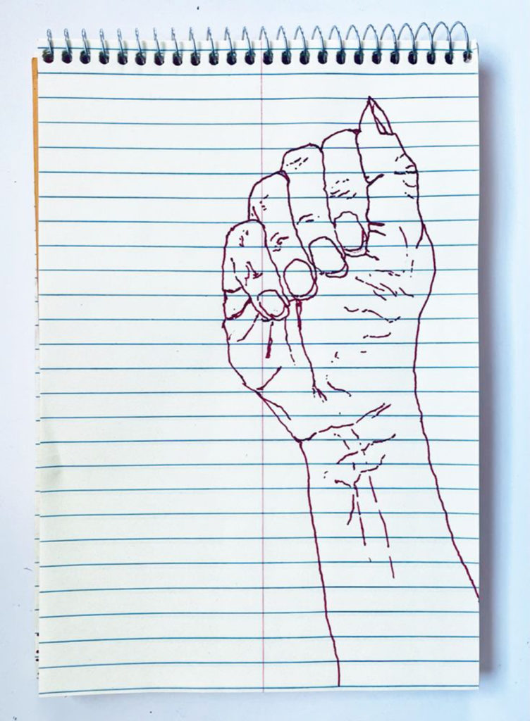 An outline handsketch of a hand shaping the ASL American manual letter “A”, in red ink on a yellow spiral bound steno notebook. 
