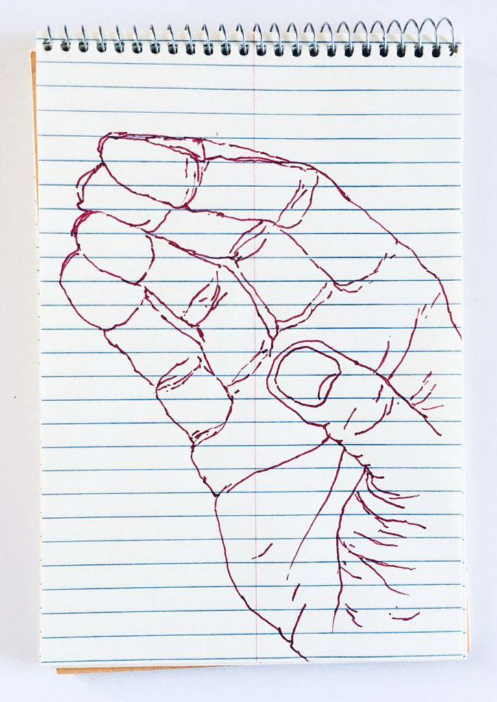 An outline handsketch of a hand shaping the ASL American manual letter “C”, in red ink on a yellow spiral bound steno notebook. 
