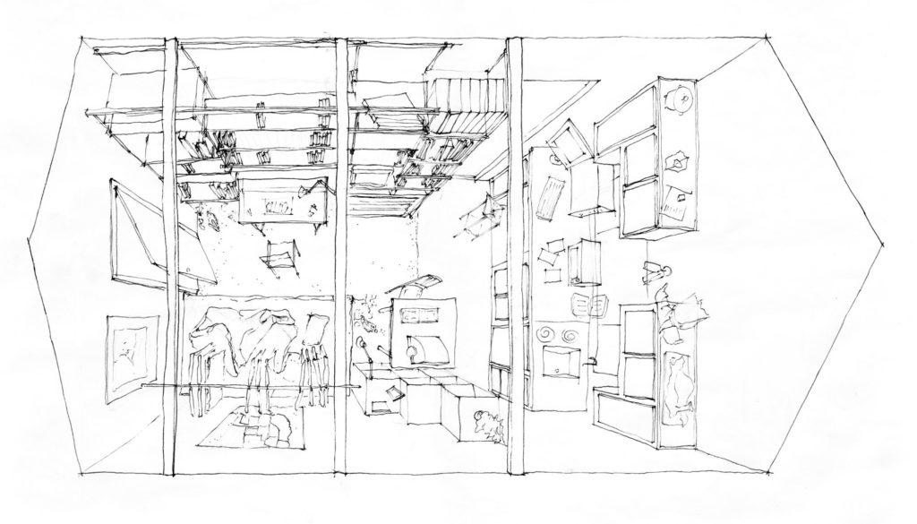 Line drawing perspective looking down into a cluttered studio apartment.