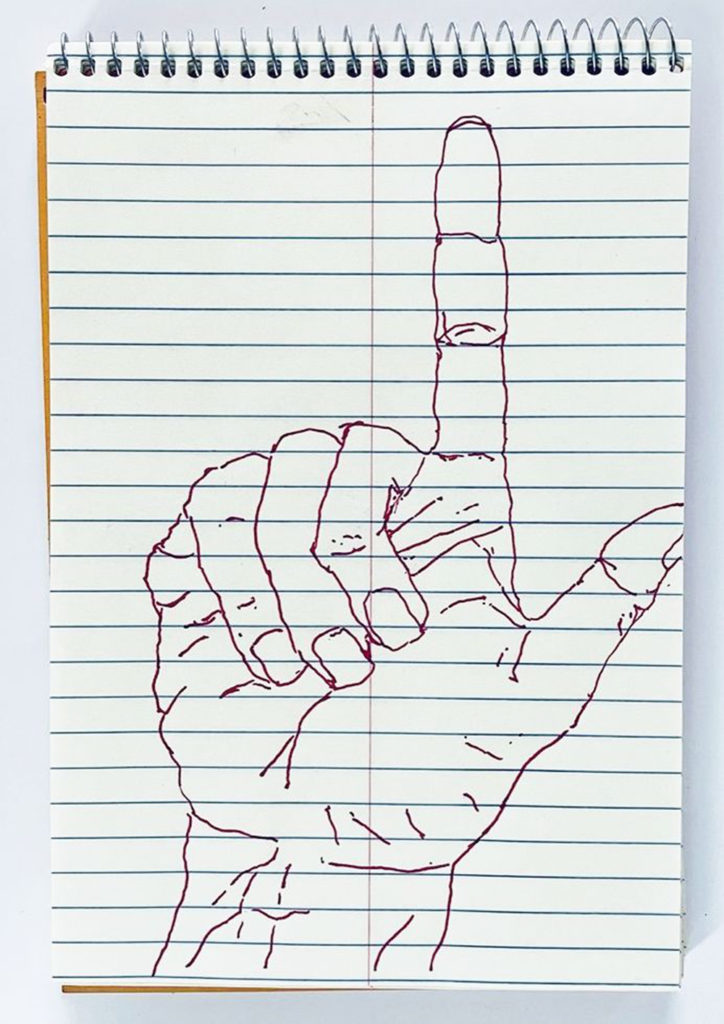 An outline handsketch of a hand shaping the ASL American manual letter “L”, in red ink on a yellow spiral bound steno notebook. 