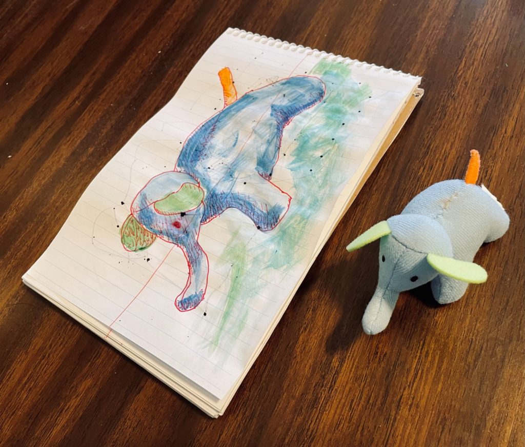 Pen and ink with watercolor wash drawing of an elephant with the small stuffed elephant.