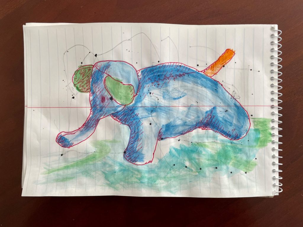 Pen and ink with watercolor wash drawing of an elephant.