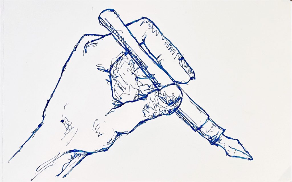 Blue ink sketch of a hand holding a fountain pen